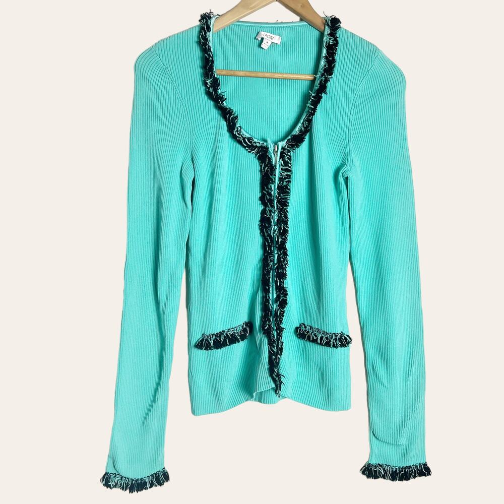 Cache Vintage Turquoise Teal Blue Ribbed Knit Fringed Cardigan Sweater Size M